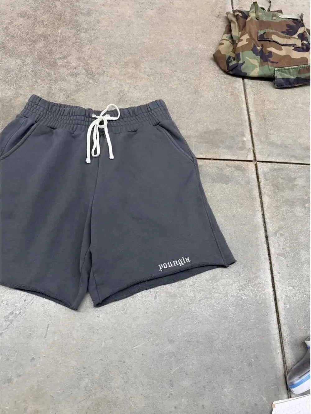 youngla grey and white sweat shorts size xl